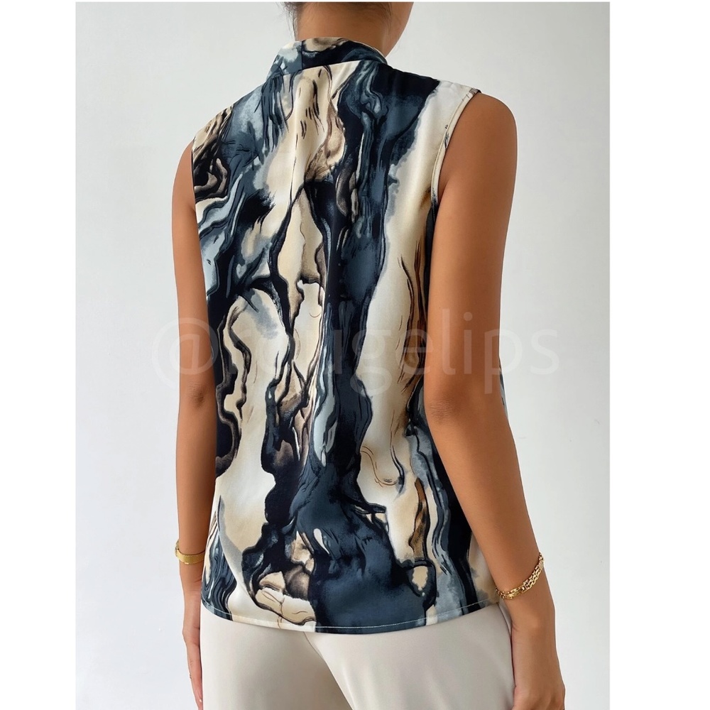 Marble Print Button Down Collared Sleeveless Blouse Top - Picture 2 of 11